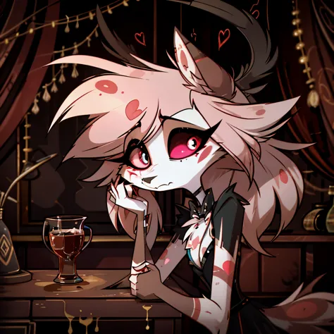 In the solitary realm of Hazbin Hotel, a captivating feminine deer and wolf hybrid demon is the sole character, evoking both int...