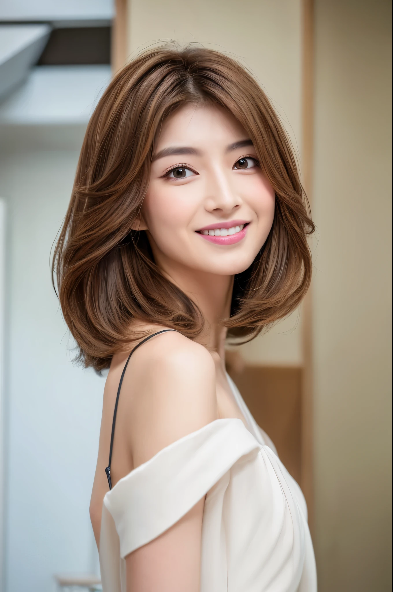 ((Best Quality, 8K, Masterpiece: 1.3)), 1 Girl, Slim Abs Beauty: 1.3, (Hairstyle Brown Hair Shortcut, Big: 1.2), Dress: 1.1, Super Slender Face, Delicate Eyes, Double Eyelids, Smile, Home, Raw Photo