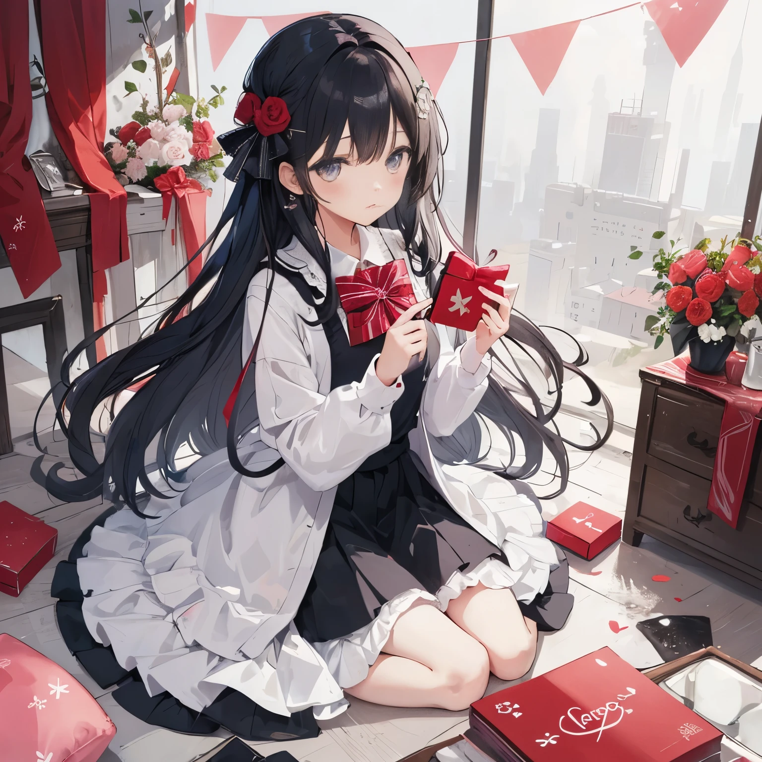 Anime girl sitting on the floor with a red present in her hand - SeaArt AI