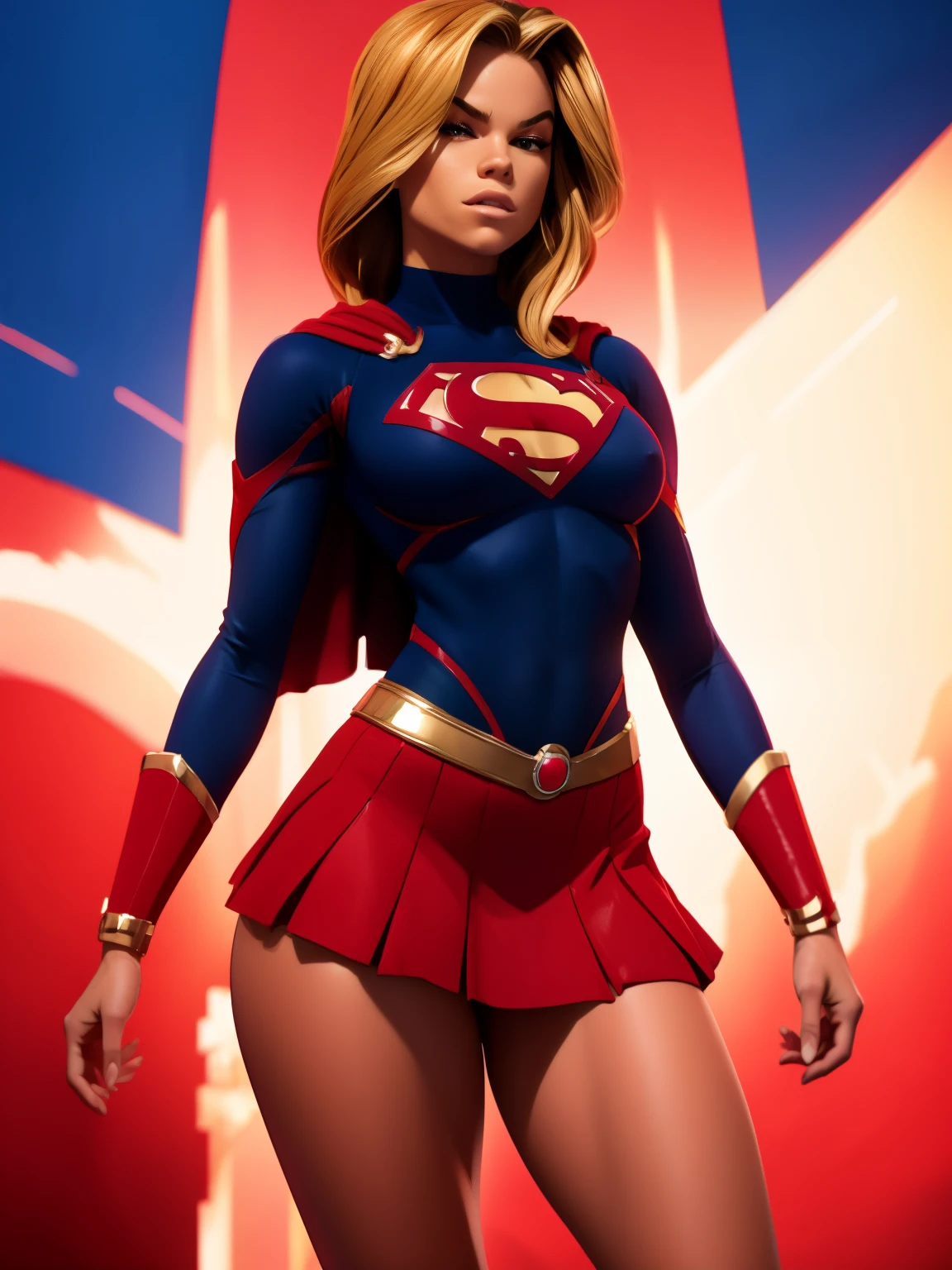 Cinema poster. (((A comic style, cartoon art))). Supergirl Posing for photo (((in epic heroic pose))) , wearing his iconic red and blue uniform, Wearing a little red skirt . ((Milly Alcock face)),(((slim, Body, Slender Hot Body))). ((((Cinematic Golden Sun background )))) , vivid colors, detailed, detailed face, realistic shadows and bright, glowing.