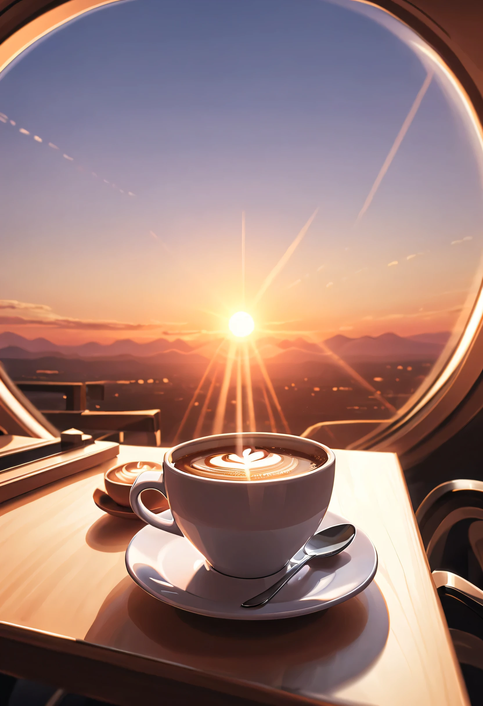 Café e Nascer do Sol/pôr do sol: Uma nave espacial no céu. Capte o calor, luz suave de um nascer ou pôr do sol iluminando sua xícara de café para uma imagem serena e calmante.