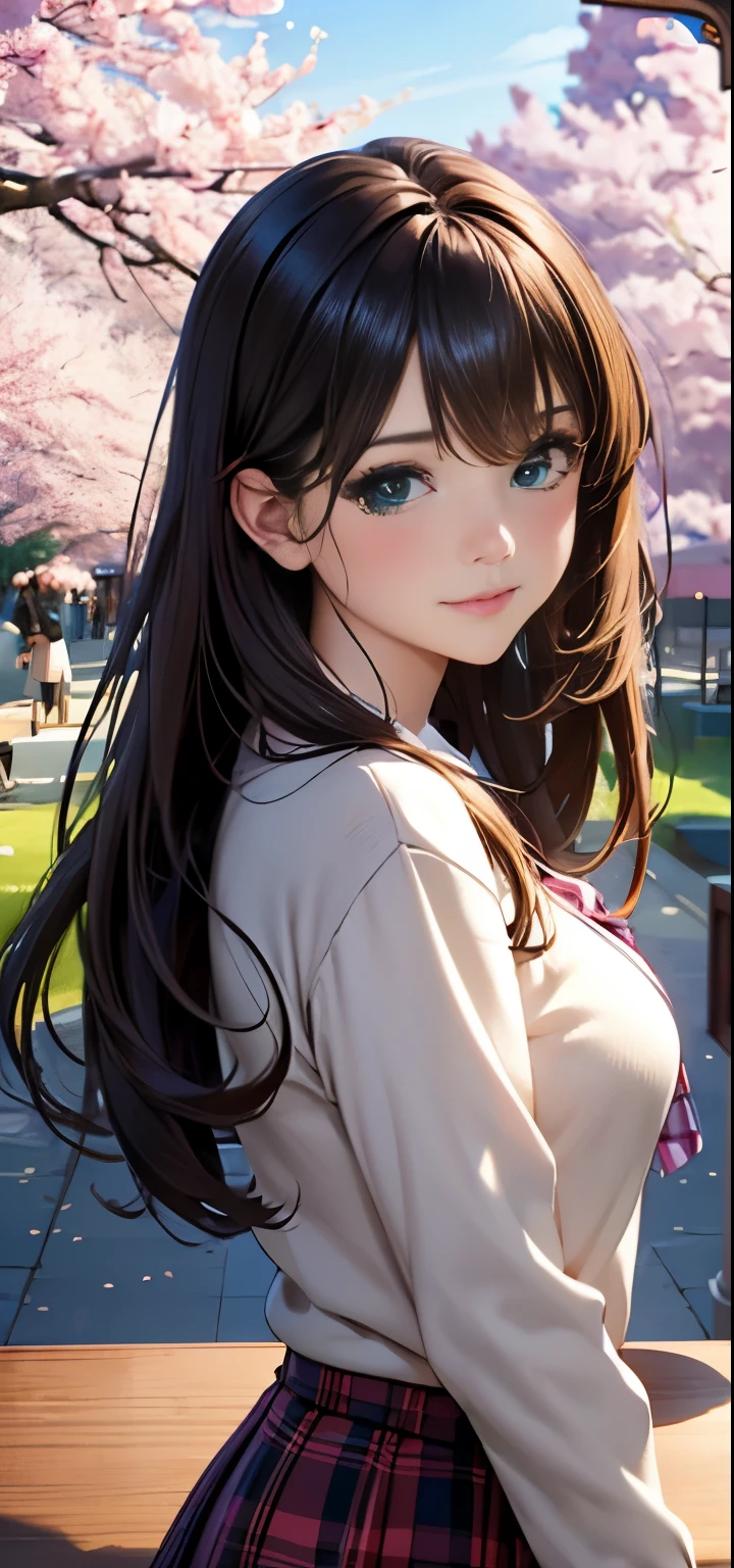 ((table top, highest quality, High resolution, nffsw, perfect pixel, Depth of bounds written, 4K, nffsw, nffsw))), 1 girl, single, alone, beautiful anime girl, beautiful art style, anime character, ((long hair, bangs, brown hair)), ((green eyes:1.4, round eyes, beautiful eyelashes, realistic eyes)), ((detailed face, blush:1.2)), ((smooth texture:0.75, realistic texture:0.65, realistic:1.1, Anime CG style)),  dynamic angle,  ((throw, Selfie Pose, portrait)), ((pink sweater, long sleeve, black skirt, plaid skirt, Snazzy, 1 diamond necklace)), smile,  amusement park, ((Cherry tree, Cherry blossoms fall))