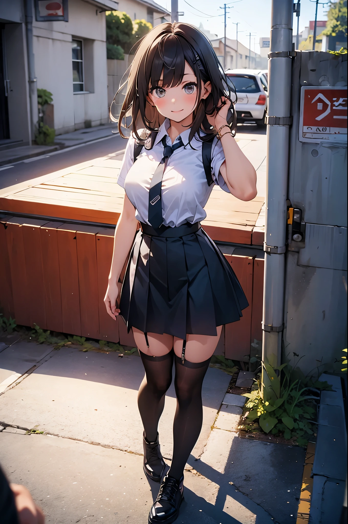 brown hair、looking at the viewer　　suspenders　　　Bulging big breasts　　 　 　　　　Black miniskirt　garter belt　knee high socks　　　　　　Gaze　　　small face　bangs 　　　　　Beauty　　hands up　　 　Gaze 　black boots 　provocation　　armpit sweat　one person 　　put your hands behind your back　cutter shirt　　Panty shot　ginka