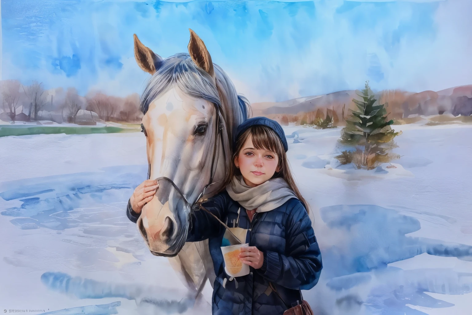 winter landscape, girl and horse painting, ((watercolor painting)) by Olga Boznanska, Tumblr, fantasy art, Great art, Beautiful art, Amazing art, Beautiful artwork, detailed watercolor painting, beautiful character drawings, watercolor illustrations, amazing art, watercolor painting, uneven edges of paint, Beautiful art illustration, Fantasy watercolor, Watercolor drawing, ((paper texture)), (paint splashes 1,2), (paint stains)