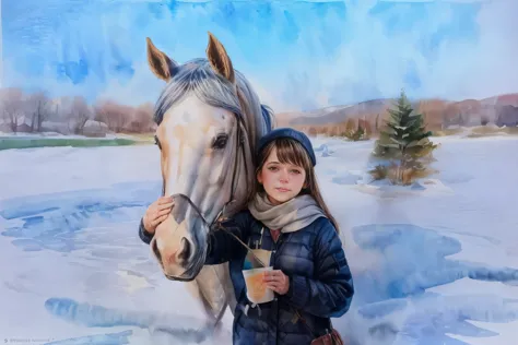 winter landscape, girl and horse painting, ((watercolor painting)) by Olga Boznanska, Tumblr, fantasy art, Great art, Beautiful ...