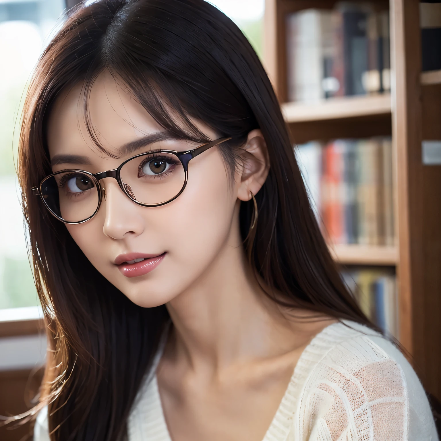 ((highest quality、masterpiece、best image quality、Award-winning work、8K resolution、professional photography)), one beautiful woman、casual clothes、(classy and perfect knitwear:1.2)、elegant mini tight skirt、(close up of a woman:1.2)、[clavicle]、A dreamy smile staring at me、accurate anatomy、perfect makeup、dark lipstick、long eyelashes、(Super high resolution glossy white skin:1.1)、highly detailed face、(classy and perfect glasses:1.2)、portrait photo of a beautiful female、Blurred library background、romantic、love mood、Upper body photo of a beautiful woman standing、Moody warm lighting、ultra high definition hair、Ultra High Definition Face、Ultra-high-definition eyes、Shining beautiful skin、Shining ultra-high definition skin、(the most detailed and perfect face:1.1)、(most detailed glowing eyes:1.1)、(Super high-definition beautiful skin with beautiful luster and moisture:1.1)