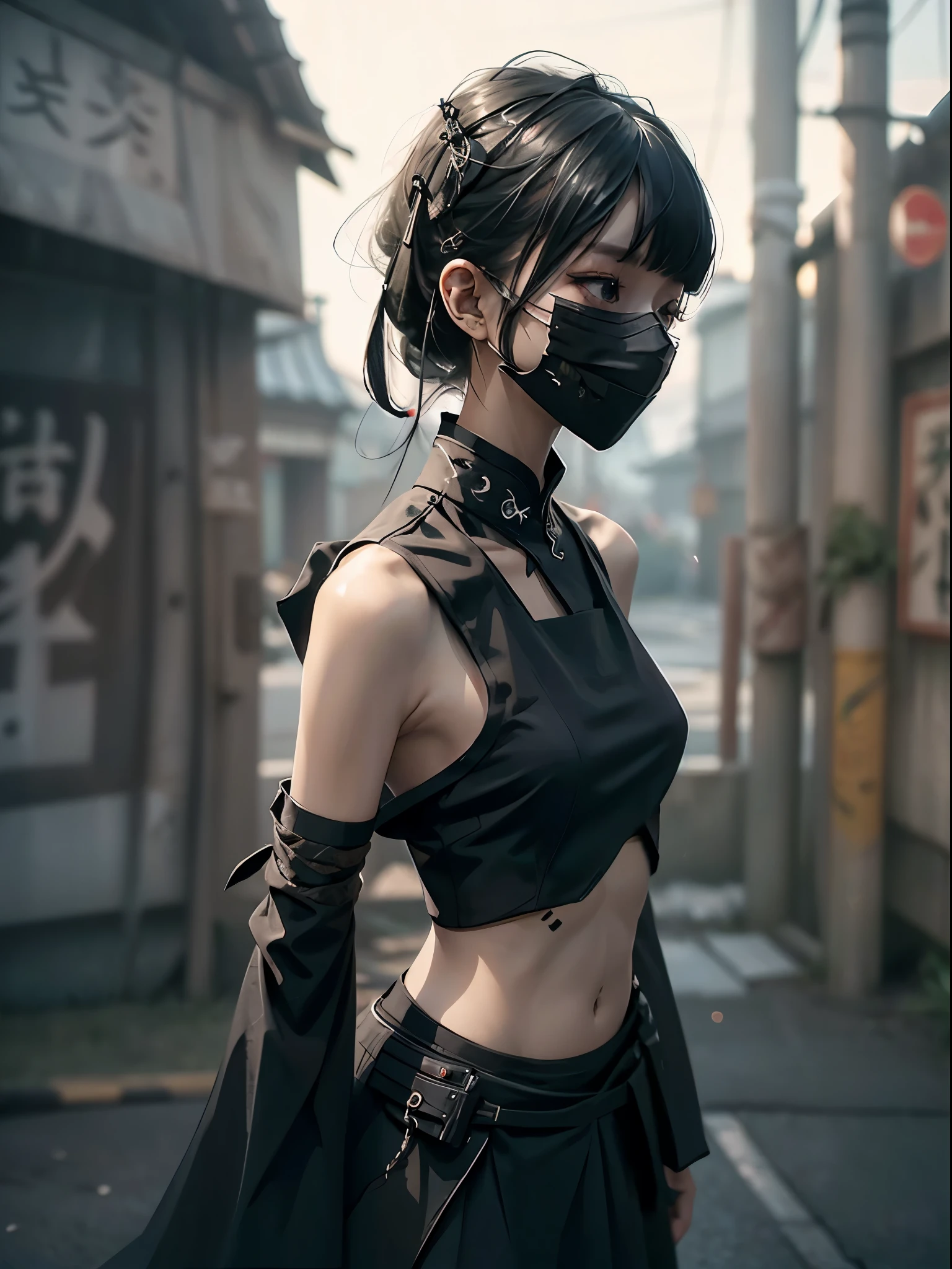 4k,8k,extreme quality, 1girl, solo, skinny, slender body, ((wear black_mask)),army_hanfu_suit, assassin, ninja, lolita fashion, navel open, shoulders open, short_hair, upper_body, blurry_urban_background, from side,