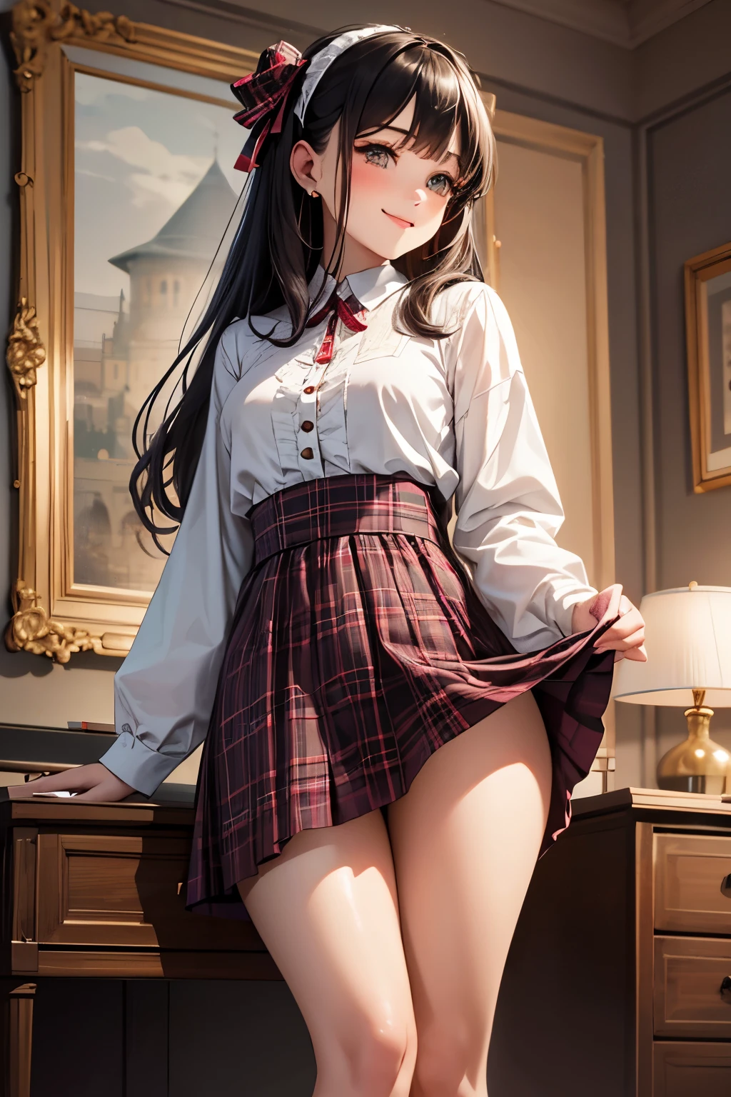 very cute and beautiful girl,(highly detailed beautiful face),(smile),blush,cowboy shot,
(white blouse with detailed frills),long sleeve BREAK standing,skirt lift,(white panties),
hair ribbon,black hair,(scarlet plaid mini skirt)
 BREAK antique living room,flowers in vase,wooden desk,(bookshelf:0.9),jewelry box,european carpet,distant trees,
(best quality,masterpiece:1.2),absurdres,highres,ultra-detailed,extremely detailed,32k,8k resolution,
intricate details,cinematic scene,detailed background,solo,dynamic angle,