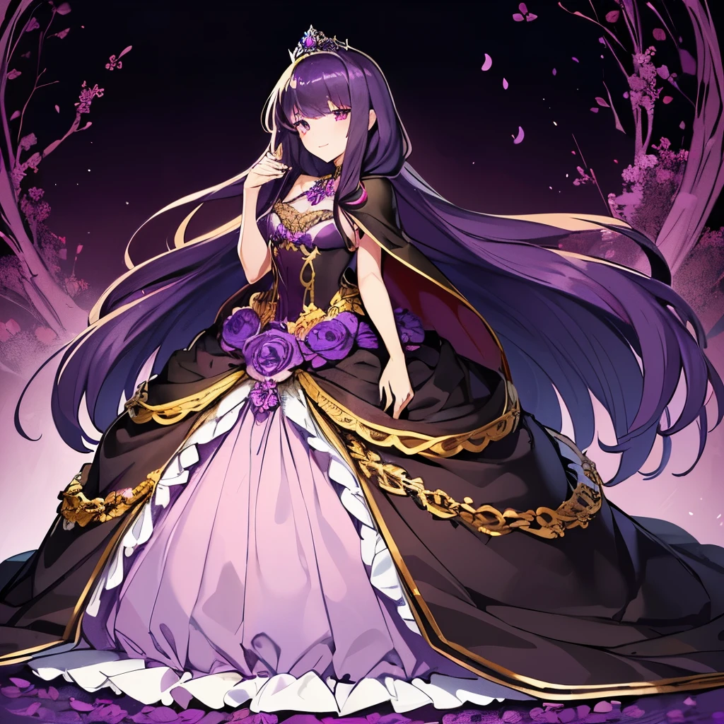 full body, best quality,(long train dark violet cape:1.25), long train dark violet ball gown, a woman is wearing a cape over her dress with flowers, anime style, rococo style, princess, 18 years old, tiara, kind smile, very long hair, small breast, beautiful detailed eyes, beautiful detailed lips, masterpiece