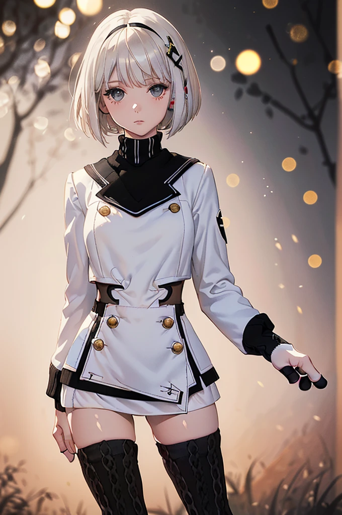 masterpiece,(Pigment thin:1.5),girl,(Absolute area:1.9),black hair,bob cut,white hair clip,light brown eyes,white skin,(White jacket),((black mini skirt)),(Black High Knee Socks:1.9),(black shoes), magical colors and atmosphere,soft light,fantasy art,High Fantasy,Backlight,high contrast,White theme,((Bokeh))