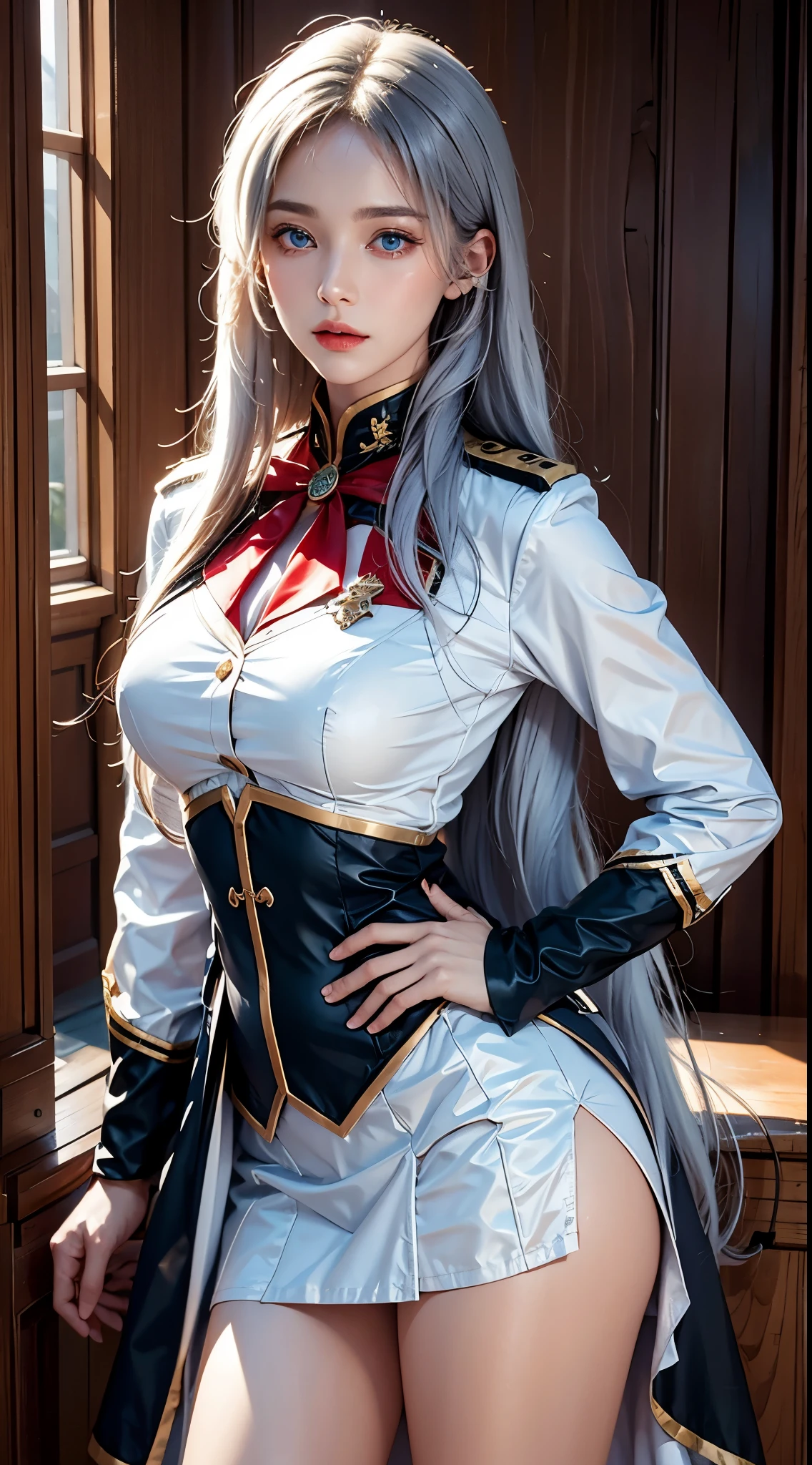 lifelike, high resolution, soft light, 1 female, alone, Buttocks up, blue eyes, long white hair, military uniform, jacket, shirt, skirt