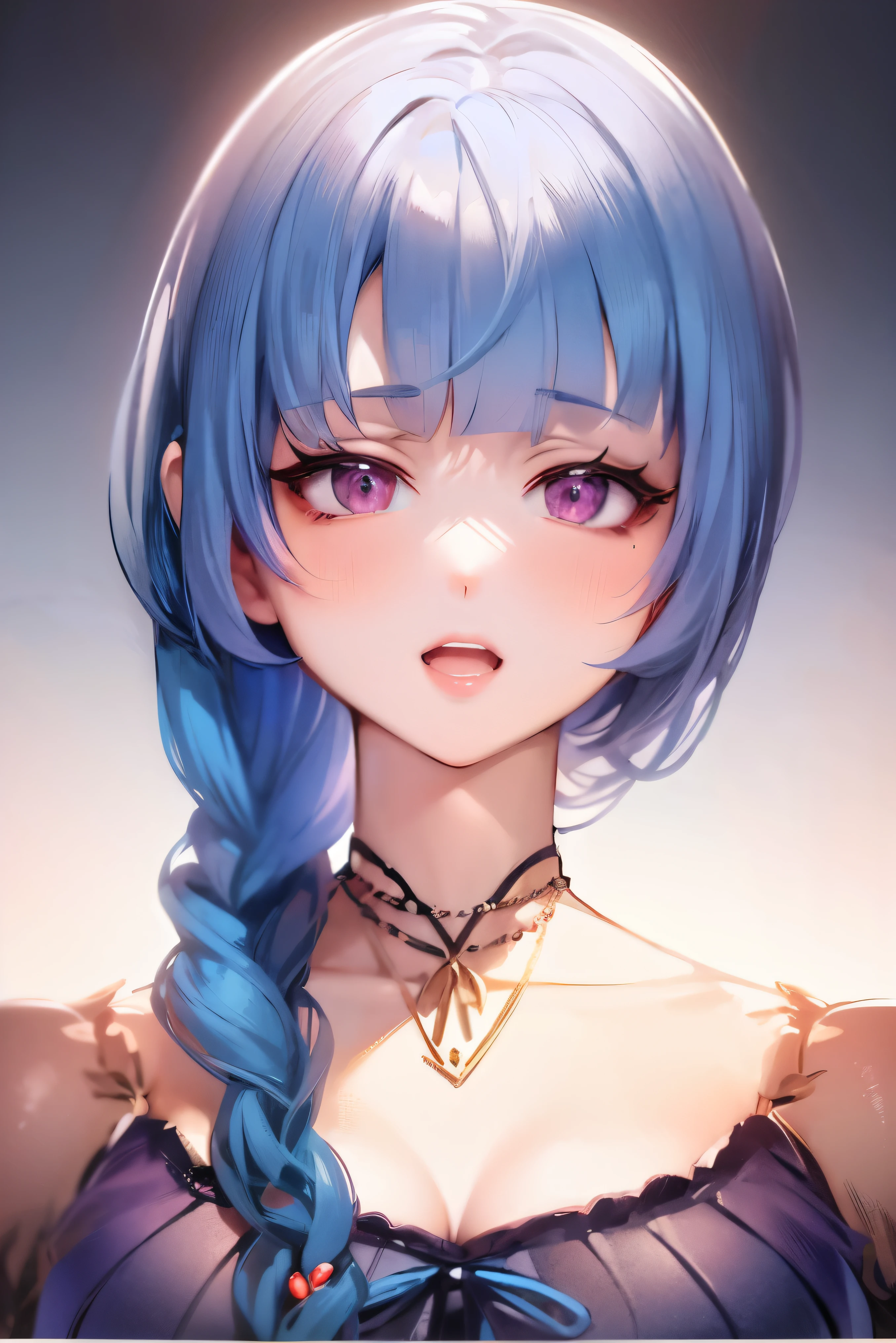 Anime girl with blue hair and purple eyes with a necklace, sayori, Ahegao face, anime moe art style, short blue hair woman, April rendering, Ahegao, Anime portrait of Ringo Shiina, Smooth anime CG art, crisp clear rpg portrait, visual novel sprites, i deny that, anime female characters, anime girl portrait