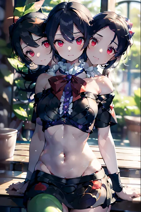 (masterpiece, best quality), best quality, (ultra-detailed), (3heads:1.5), 1girl, (nue houjuu:1.3), masterpiece, best quality, black top, with blue and white trim, crop top, ((stomach)), midriff, ((groin)), black skirt, normal ears, shackles, short black h...