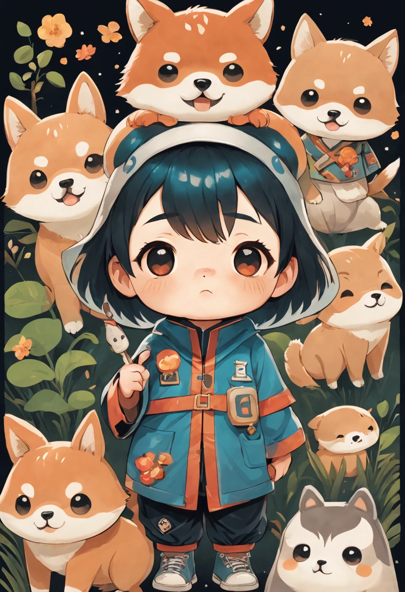 masterpiece, 1 boy, there are many different animals and words written in chinese, hand painted cartoon art style, art cover, kawaii cutest sticker ever, sticker illustration, by Shiba Kōkan, by Kōno Michisei, cute features, 中 元 节, by Gusukuma Seihō, stickers illustrations, cute characters, scifi