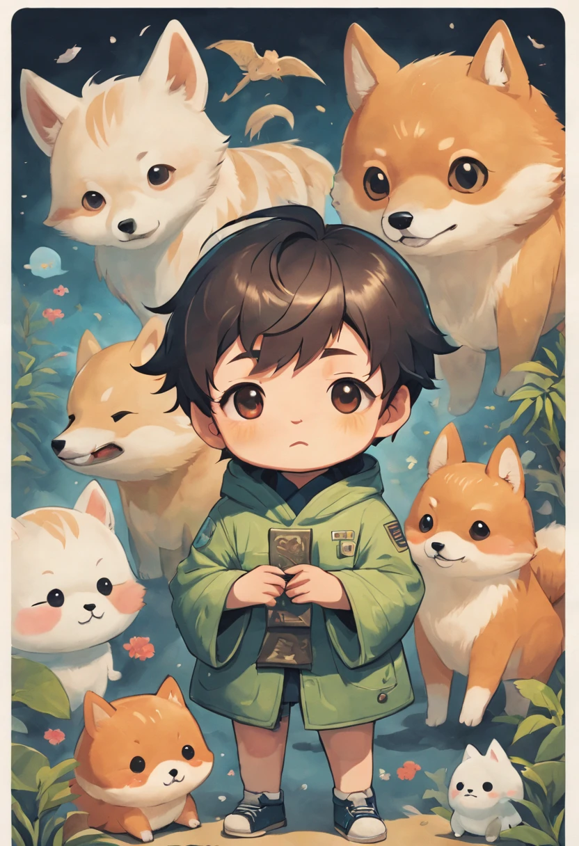 masterpiece, 1 boy, there are many different animals and words written in chinese, hand painted cartoon art style, art cover, kawaii cutest sticker ever, sticker illustration, by Shiba Kōkan, by Kōno Michisei, cute features, 中 元 节, by Gusukuma Seihō, stickers illustrations, cute characters, scifi