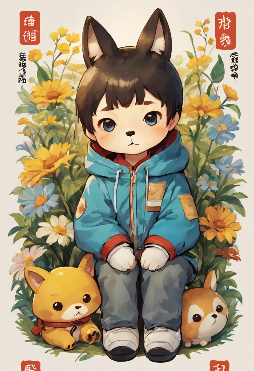 masterpiece, 1 boy, there are many different animals and words written in chinese, hand painted cartoon art style, art cover, kawaii cutest sticker ever, sticker illustration, by Shiba Kōkan, by Kōno Michisei, cute features, 中 元 节, by Gusukuma Seihō, stickers illustrations, cute characters, scifi