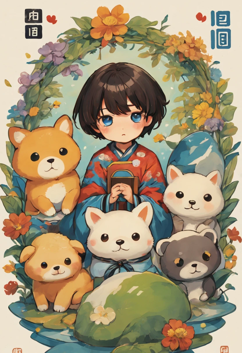 masterpiece, 1 boy, there are many different animals and words written in chinese, hand painted cartoon art style, art cover, kawaii cutest sticker ever, sticker illustration, by Shiba Kōkan, by Kōno Michisei, cute features, 中 元 节, by Gusukuma Seihō, stickers illustrations, cute characters, scifi