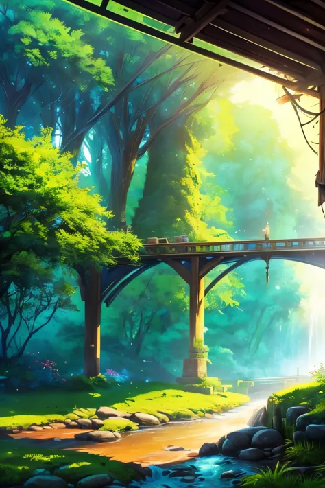 wooden trestle bridges, connecting lush green islands, vibrant foliage, serene atmosphere, detailed craftsmanship, picturesque l...