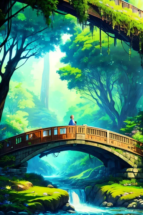 wooden trestle bridges, connecting lush green islands, vibrant foliage, serene atmosphere, detailed craftsmanship, picturesque l...