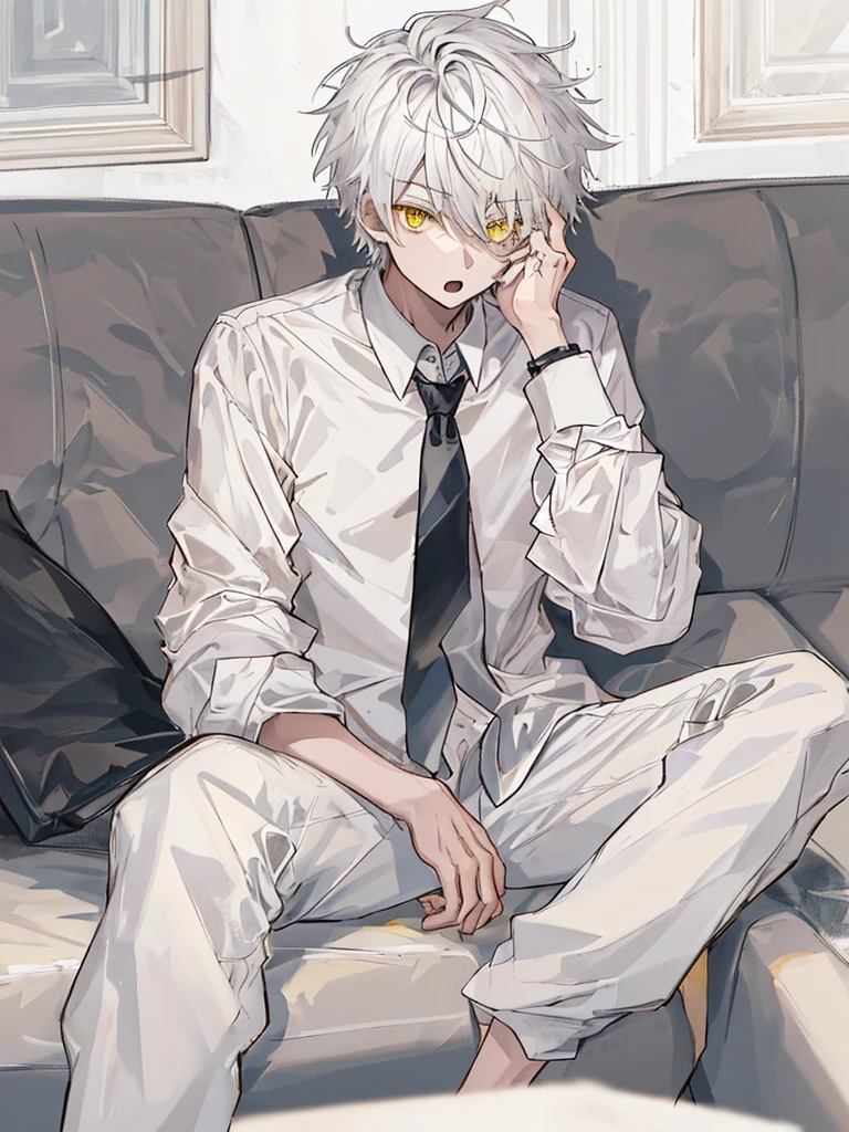 1boy, male focus, sitting, on couch, couch, crossed legs, hand on own face, white shirt, shirt, black pants, pants, necktie, indoors, solo, looking at viewer, open mouth, white hair, yellow eyes,  short hair, best quality, amazing quality, best aesthetic, absurdres, year 2023