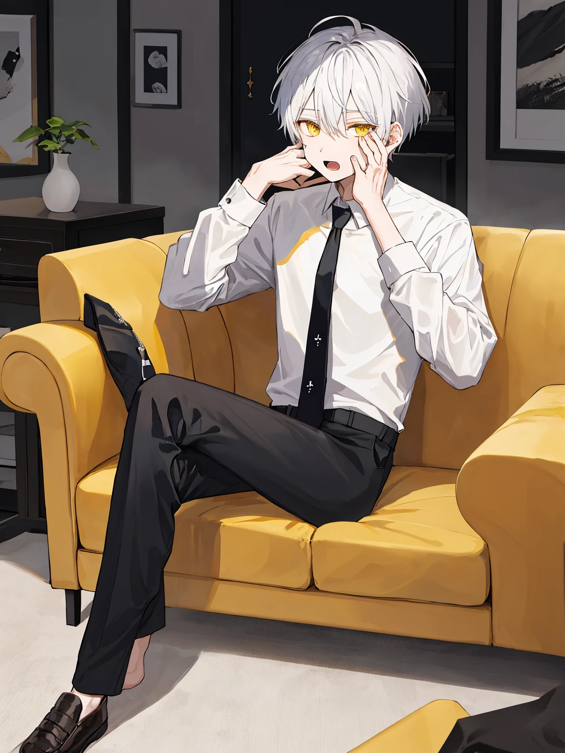1boy, male focus, sitting, on couch, couch, crossed legs, hand on own face, white shirt, shirt, black pants, pants, necktie, indoors, solo, looking at viewer, open mouth, white hair, yellow eyes,  short hair, best quality, amazing quality, best aesthetic, absurdres, year 2023