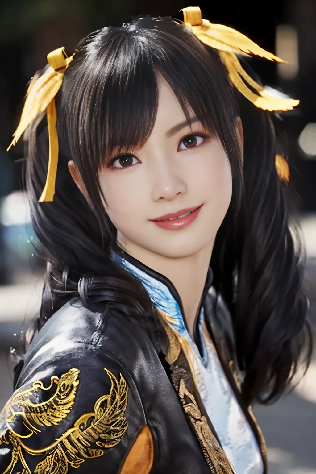 Tekken Xiaoyu,masterpiece、1 kawaii girl、17-year-old high school student、smile,fine eyes、puffy eyes、Bright outdoor,Bright downtown、highest quality, 超High resolution, (reality: 1.4), movie lighting、Japanese、asian beauty、Korean、super beautiful、beautiful skin、body facing forward、whole body,Upper body、(超reality的な)、(High resolution)、(8K)、(very detailed)、(美しくfine eyes)、(Super detailed)、 (wall-)、detailed face、bright lighting、professional lighting、looking at the viewer、look straight ahead、slanted bangs、brown hair、Nogizaka idol、