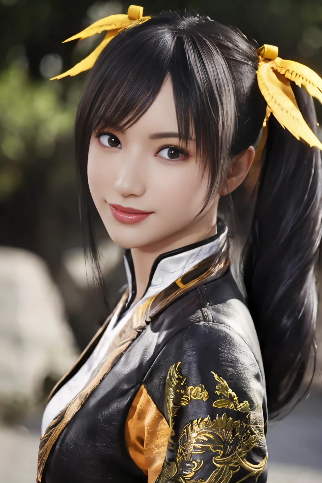 Tekken Xiaoyu,masterpiece、1 kawaii girl、17-year-old high school student、smile,fine eyes、puffy eyes、Bright outdoor,Bright downtown、highest quality, 超High resolution, (reality: 1.4), movie lighting、Japanese、asian beauty、Korean、super beautiful、beautiful skin、body facing forward、whole body,Upper body、(超reality的な)、(High resolution)、(8K)、(very detailed)、(美しくfine eyes)、(Super detailed)、 (wall-)、detailed face、bright lighting、professional lighting、looking at the viewer、look straight ahead、slanted bangs、brown hair、Nogizaka idol、