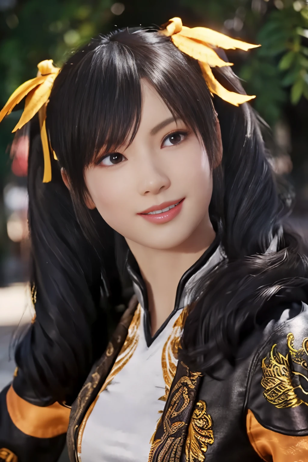 Tekken Xiaoyu,masterpiece、1 kawaii girl、17-year-old high school student、smile,fine eyes、puffy eyes、Bright outdoor,Bright downtown、highest quality, 超High resolution, (reality: 1.4), movie lighting、Japanese、asian beauty、Korean、super beautiful、beautiful skin、body facing forward、whole body,Upper body、(超reality的な)、(High resolution)、(8K)、(very detailed)、(美しくfine eyes)、(Super detailed)、 (wall-)、detailed face、bright lighting、professional lighting、looking at the viewer、look straight ahead、slanted bangs、brown hair、Nogizaka idol、