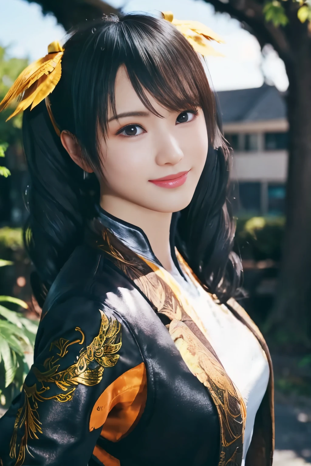 Tekken Xiaoyu,masterpiece、1 kawaii girl、17-year-old high school student、smile,fine eyes、puffy eyes、Bright outdoor,Bright downtown、highest quality, 超High resolution, (reality: 1.4), movie lighting、Japanese、asian beauty、Korean、super beautiful、beautiful skin、body facing forward、whole body,Upper body、(超reality的な)、(High resolution)、(8K)、(very detailed)、(美しくfine eyes)、(Super detailed)、 (wall-)、detailed face、bright lighting、professional lighting、looking at the viewer、look straight ahead、slanted bangs、brown hair、Nogizaka idol、