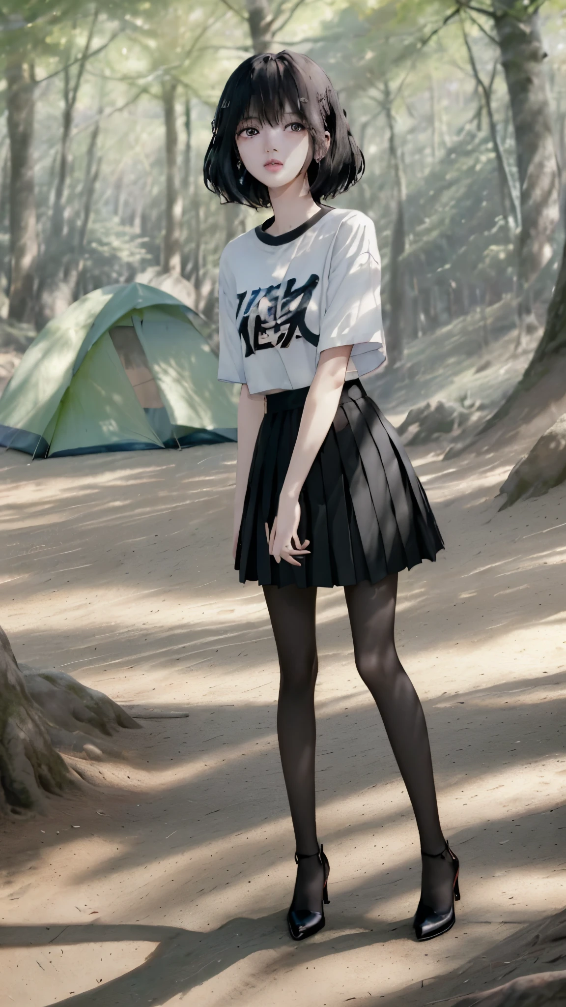 ((Lisa, BLACKPINK)), t-shirt, Tiny pleated skirt, black waist-length tights, high heels, close-up of face, Full body shot, very fair skin, short hair, wavy hair, camping, forest, photorealistic , indirect lighting, Volumetric Light, ray tracing, hyper-detailed, best quality, high resolution, HDR, 8k