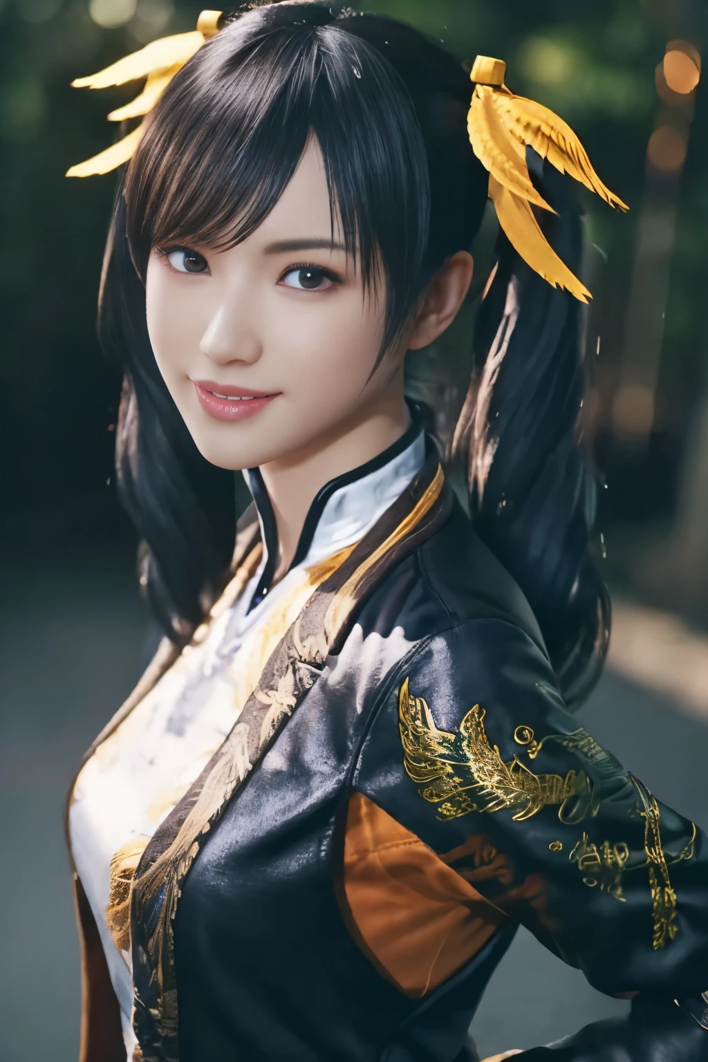 Tekken Xiaoyu,masterpiece、1 kawaii girl、17-year-old high school student、smile,fine eyes、puffy eyes、Bright outdoor,Bright downtown、highest quality, 超High resolution, (reality: 1.4), movie lighting、Japanese、asian beauty、Korean、super beautiful、beautiful skin、body facing forward、whole body,Upper body、(超reality的な)、(High resolution)、(8K)、(very detailed)、(美しくfine eyes)、(Super detailed)、 (wall-)、detailed face、bright lighting、professional lighting、looking at the viewer、look straight ahead、slanted bangs、brown hair、Nogizaka idol、