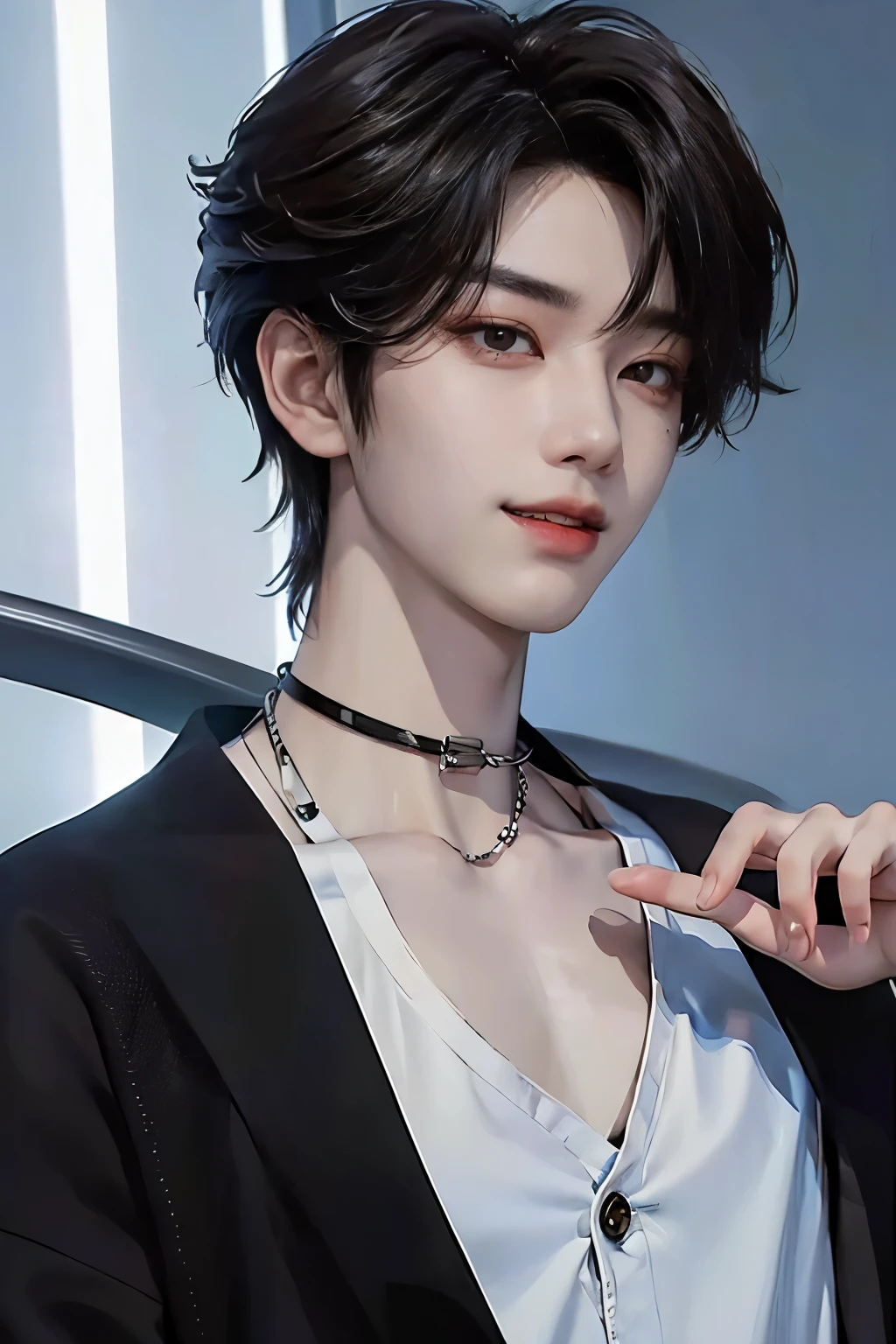 ((4K workasterpiece、（highest quality)、((High level image quality))、((One Manly Boy))、Because I&#39;m slender、black cardigan、((Men's Fashion))、(detailed beautiful eyes)、In a fashionable city、working on a pc in the office、Face similar to Chaewon in Ruseraphim、((Short hair over the ears))、((face becomes smaller))、((neutral face))、((light brown eyes))、((Korean boy))、((18-year-old))、((Handsome guy))、((Teeth and smile expression))、((korean makeup))、((long and sharp eyes))、((photo of a model))、((Like a celebrity))、professional photos、black cardigan、wolf cut、The neckline is longer