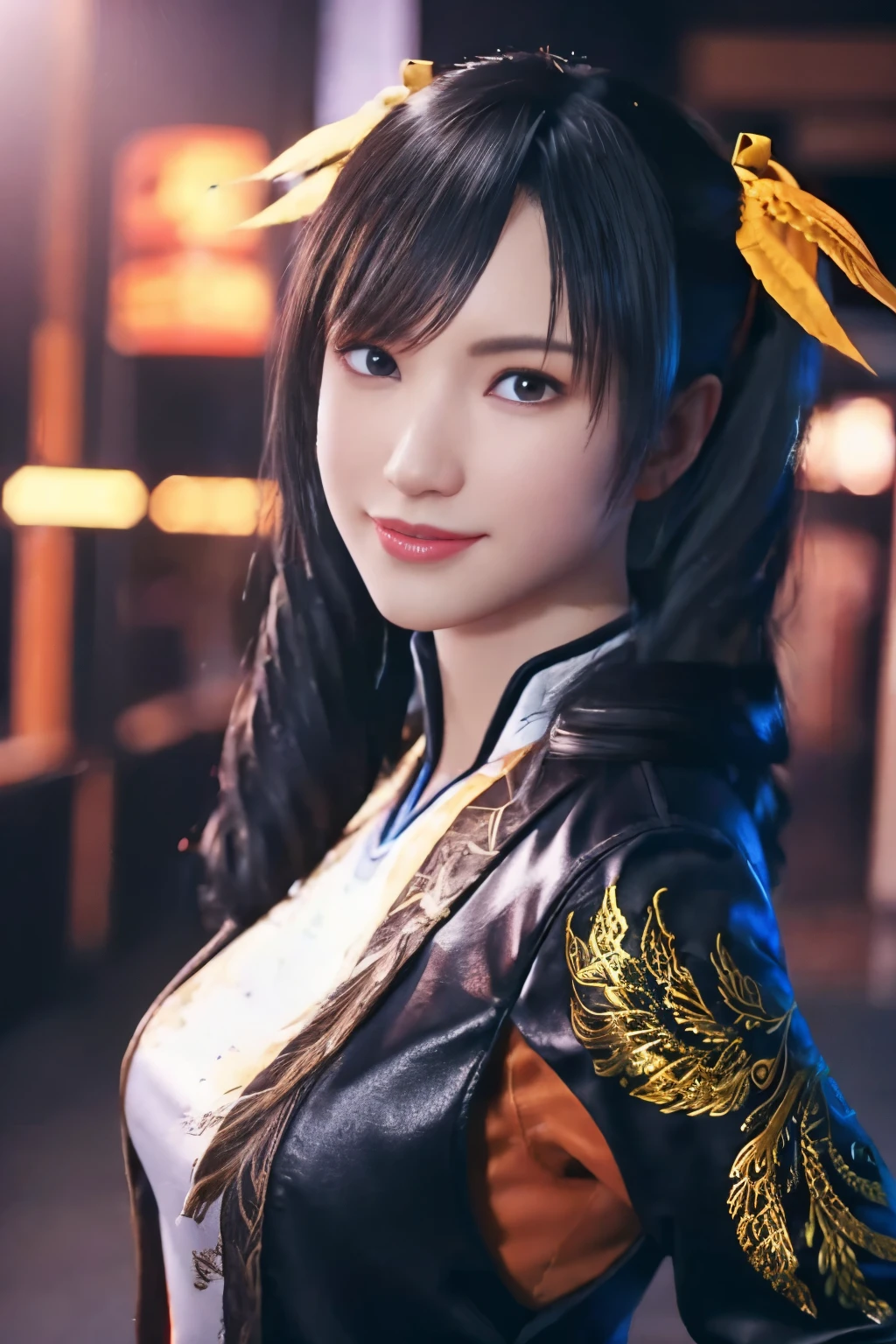 Tekken Xiaoyu,masterpiece、1 kawaii girl、17-year-old high school student、smile,fine eyes、puffy eyes、Bright outdoor,Bright downtown、highest quality, 超High resolution, (reality: 1.4), movie lighting、Japanese、asian beauty、Korean、super beautiful、beautiful skin、body facing forward、whole body,Upper body、(超reality的な)、(High resolution)、(8K)、(very detailed)、(美しくfine eyes)、(Super detailed)、 (wall-)、detailed face、bright lighting、professional lighting、looking at the viewer、look straight ahead、slanted bangs、brown hair、Nogizaka idol、