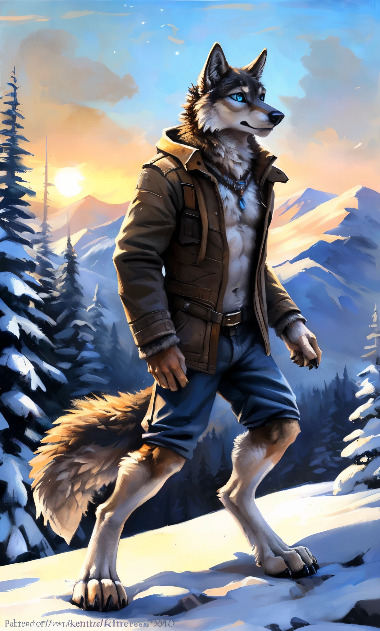 ((Solo)), male people, anthro wolf, (Multi-colored fur, White-brown:1.3，White tail pointed), (Height 2.1m,Tail length 1.2m), ((Wolf face, Big eyes, White eyelids, Blue pupil, Slim:1.2) (Tough, Calm expression:1.2)), Slim, pinging)), (Correct anatomy), (Winter clothing:1.1), The upper body  naked, (detailed outfits),A long big tail，Feet，(Realistic fur, Detailed fur texture, labeled:1.3)), (Natural lighting), Photorealistic, Hyperrealistic, ultradetailed, by Kenket，Snowfield，erect through，Running on