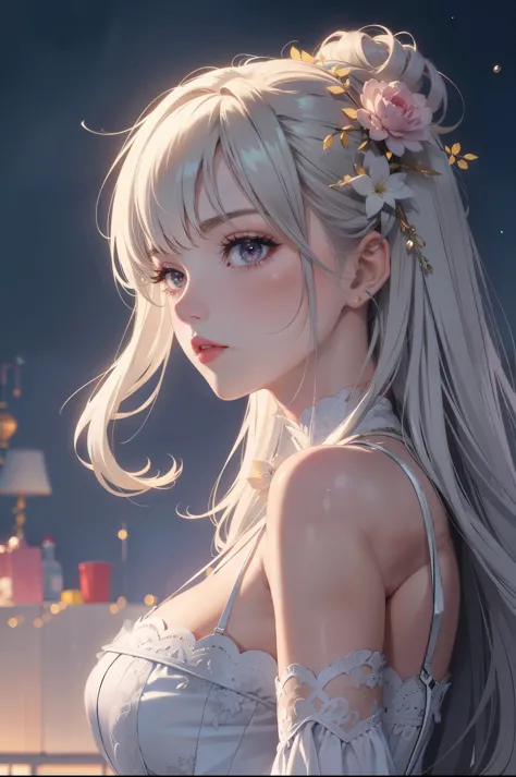 ethereal vampire, soft fair skin, white hair, white eyes, pink corset, white tight clothing, thigh-highs, bubble butt, huge brea...