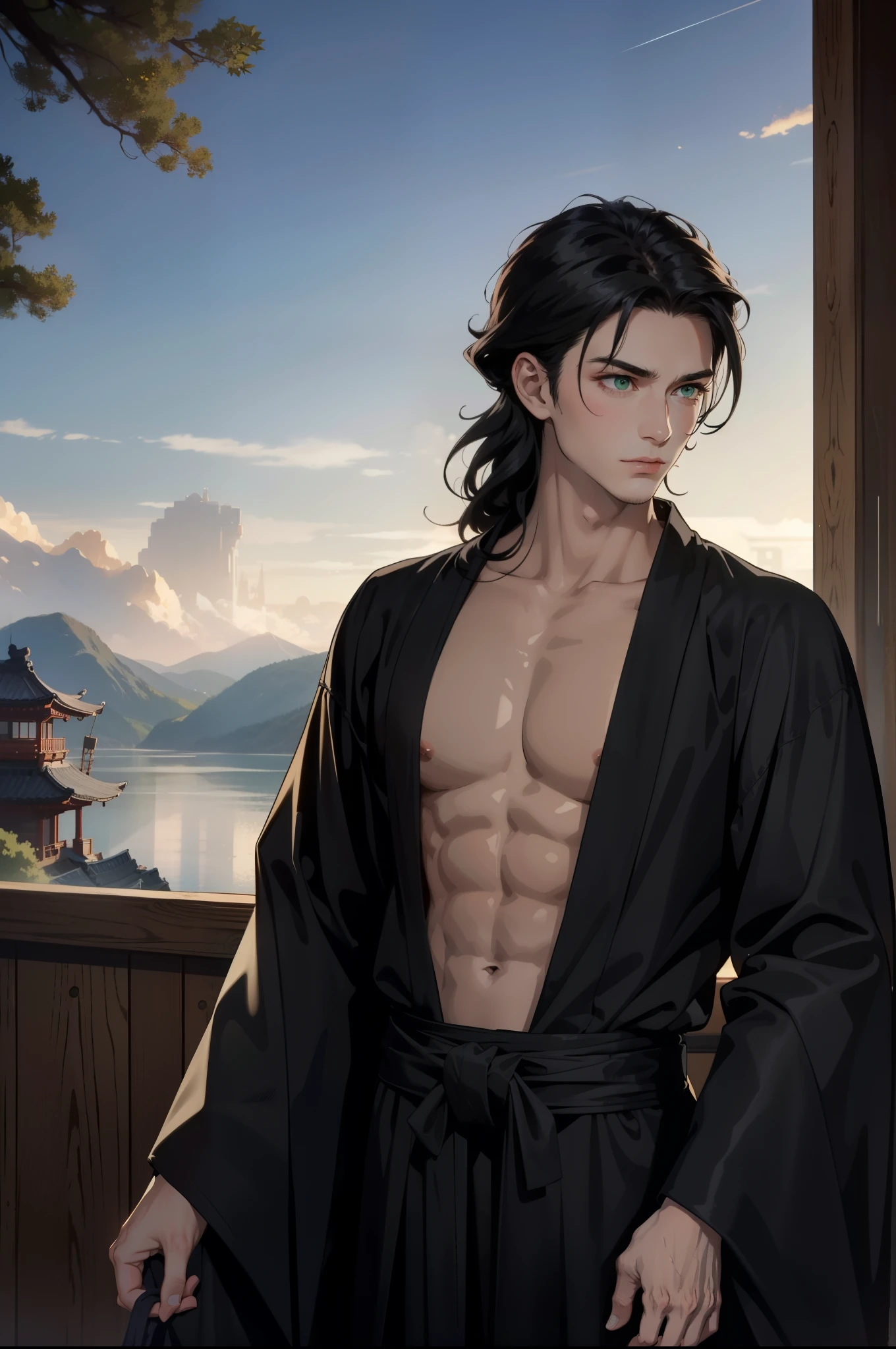 Samurai male, fantasy world, dark background, epic, silhouette, hyper detailed intricate details, fantasy, intricate details, complementary colors, Fantasy concept art, 8k resolution, oil painting, (((handsome young man))), ((man:1.5) ), ((green eyes)), ((((long black hair: 1.1))), ((yukata)), (indifferent expression), ((Wears high detail luxurious black robe))), white hair, (chest) 