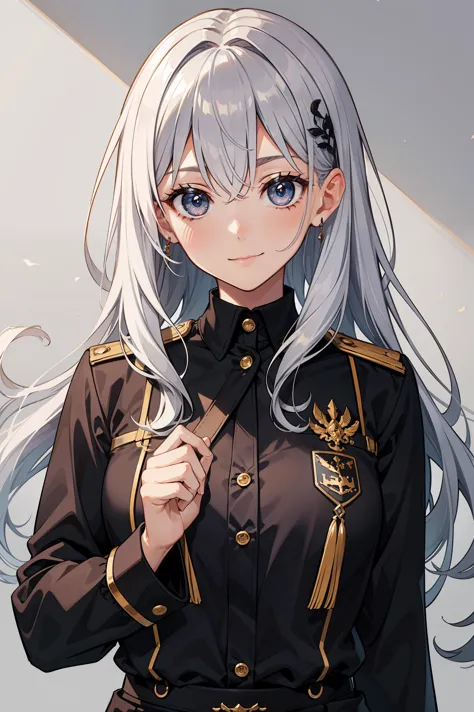 1 girl, silver hair, black eyes, smiling, black uniform, cute, cold face, calm face, happy, detailed face, detailed eyes