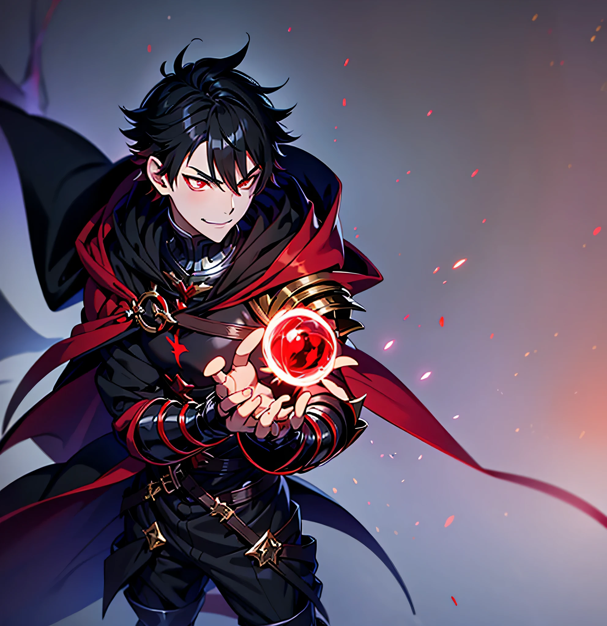 anime boy, short black hair, light crimson red eyes, wearing magic enchanted armor, smirking, full body shot, wearing hooded cloak