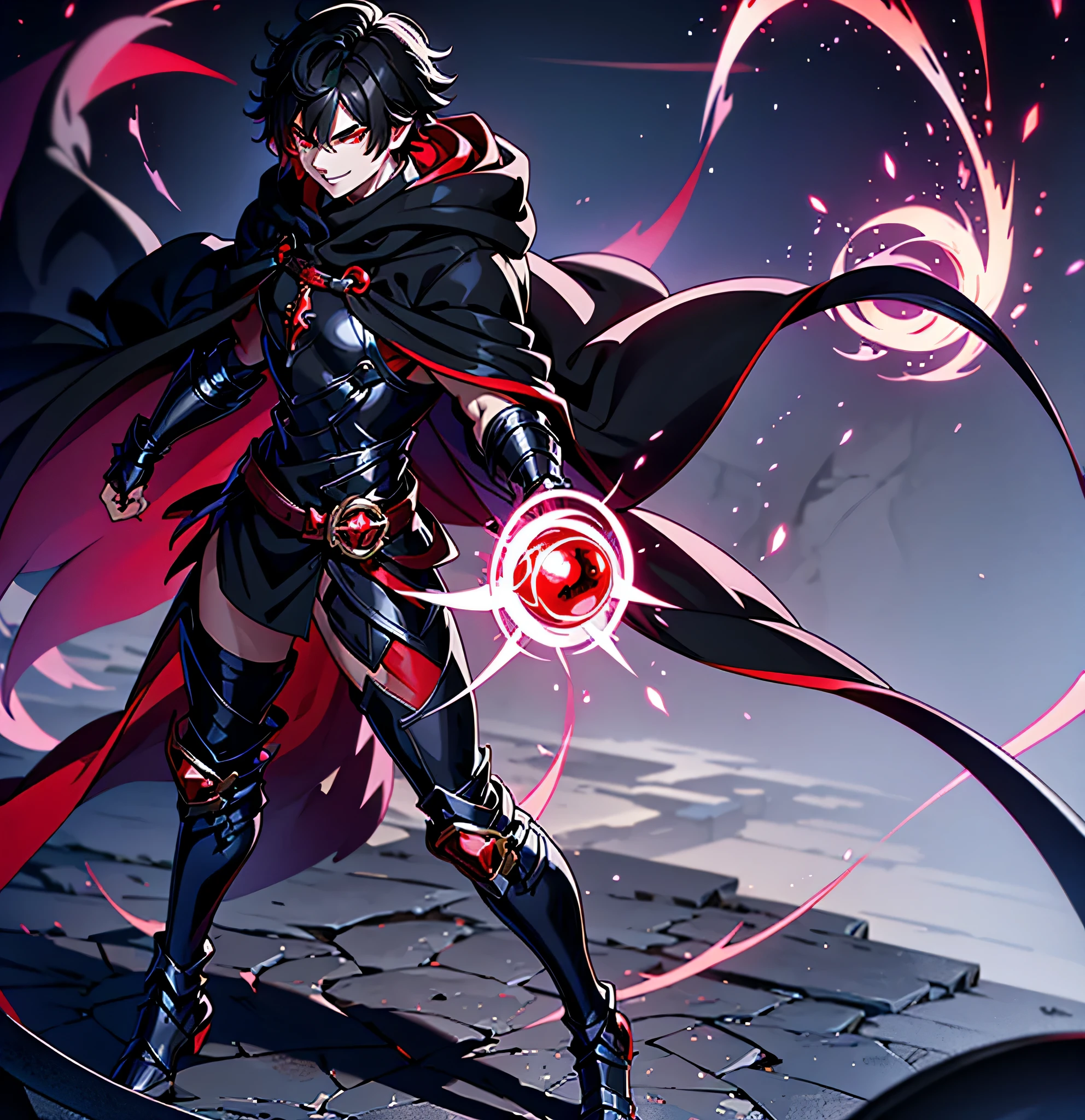 anime boy, short black hair, light crimson red eyes, wearing magic enchanted armor, smirking, full body shot, wearing hooded cloak