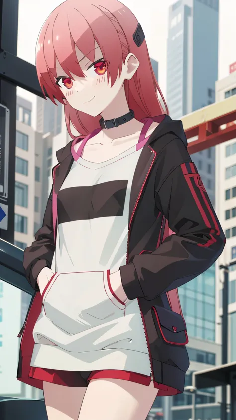 masterpiece, highres, solo, 8k, detailed, perfect face, (ultra high quality), looking viewers, collar bones, medium breast, pink hair, red eyes, slim body, smile, hoodie, black hoodie, no short, shortless, blush, thigh