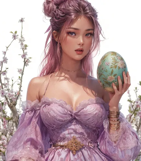 full body, beautiful detailed woman in spring style holding an easter egg in her hands, entire violet dress spring style, long pink hair bun, white background with margins, ultra highly very detailed realistic face and full body, digital painting, clipart,...