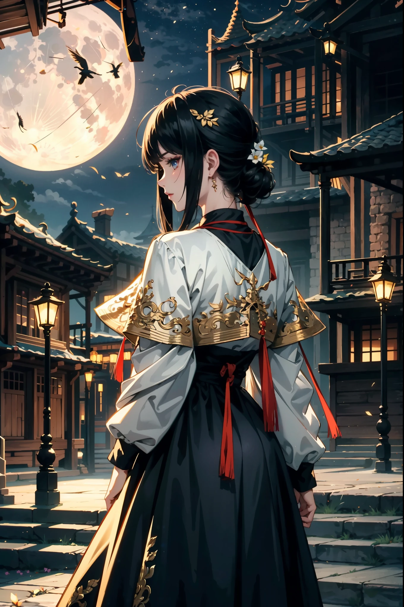 epic quality, atmosphere, nature scenery, wuxia aesthetic, raytracing, smooth, (colorful), (detailed complex busy background: 0.8), fantasy flowers, (night:1.4), intricate details, beautiful glitters, flat illustration, time stop, (ultra-detailed), photon mapping, ((intricate detail)), cinematic lighting, volumetric lighting, (big moon)