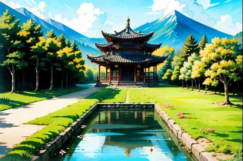 Painting of a whimsical wuxia palace, small colorful cherry blossoms, Sunkissed lighting, rainy day, beautiful art uhd 8k, a bea...