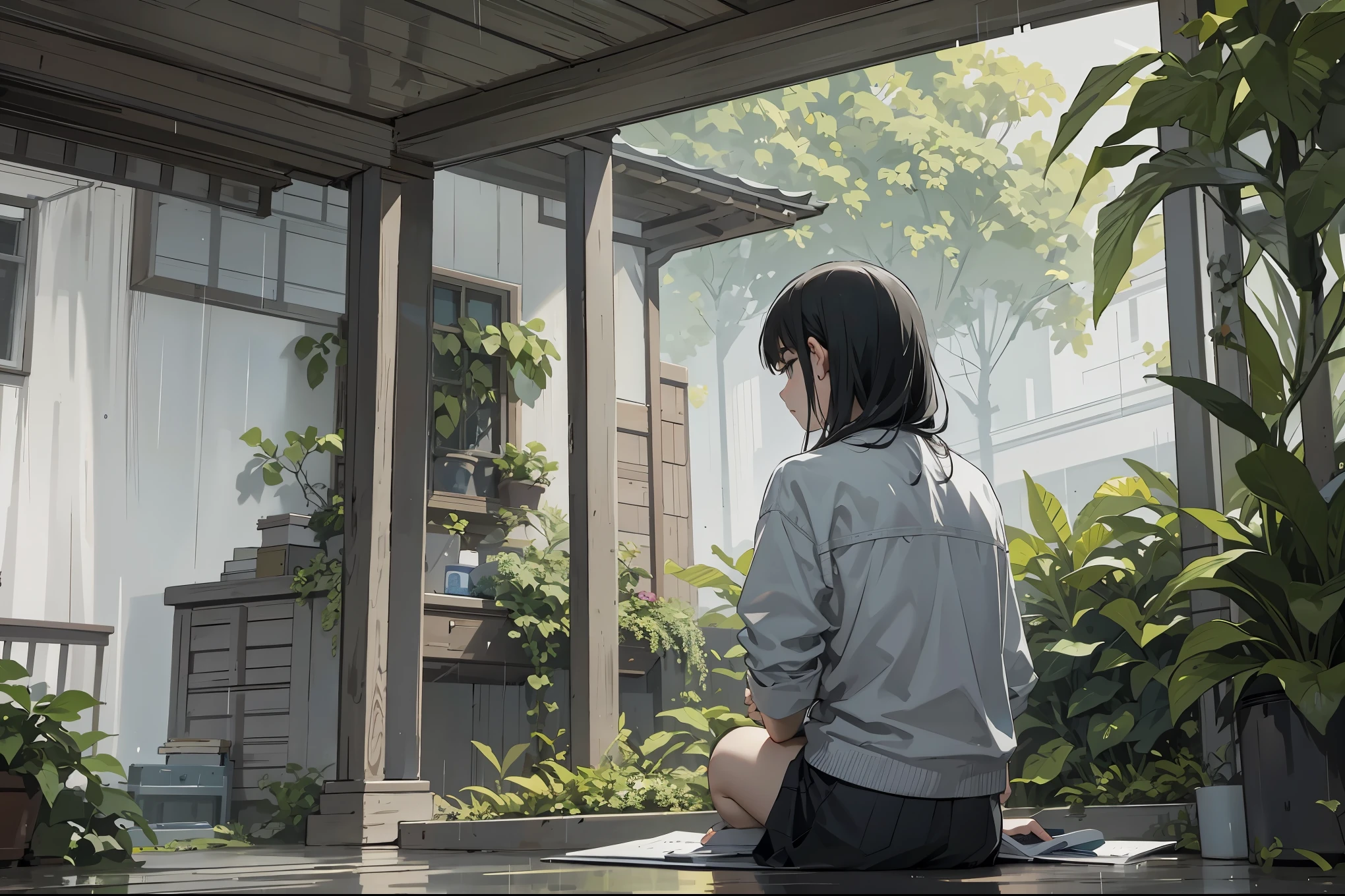 masterpiece, 4k, ultra detailed, sitting on porch, surrounded by plants, sketch book, gray and rainy, from behind, background focus, muted colors, sad 