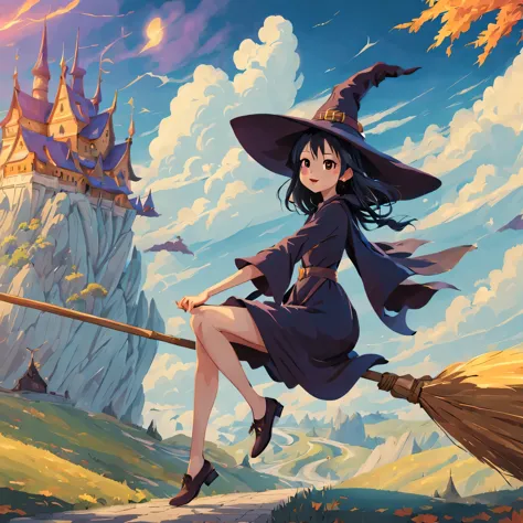 (masterpiece, highest quality:1.2),1 girl,perfect face,cute, ((((flying witch))),((Ride a broom)),broom flight,Straddling the br...