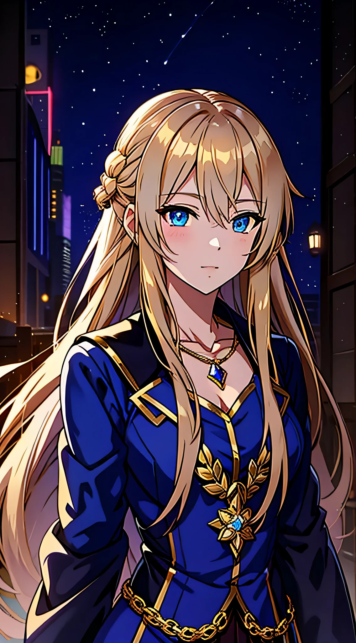 anime girl, with light blue eyes, brown and blonde hair, wearing a gold necklace, detailed eyes, beautiful , feminine 