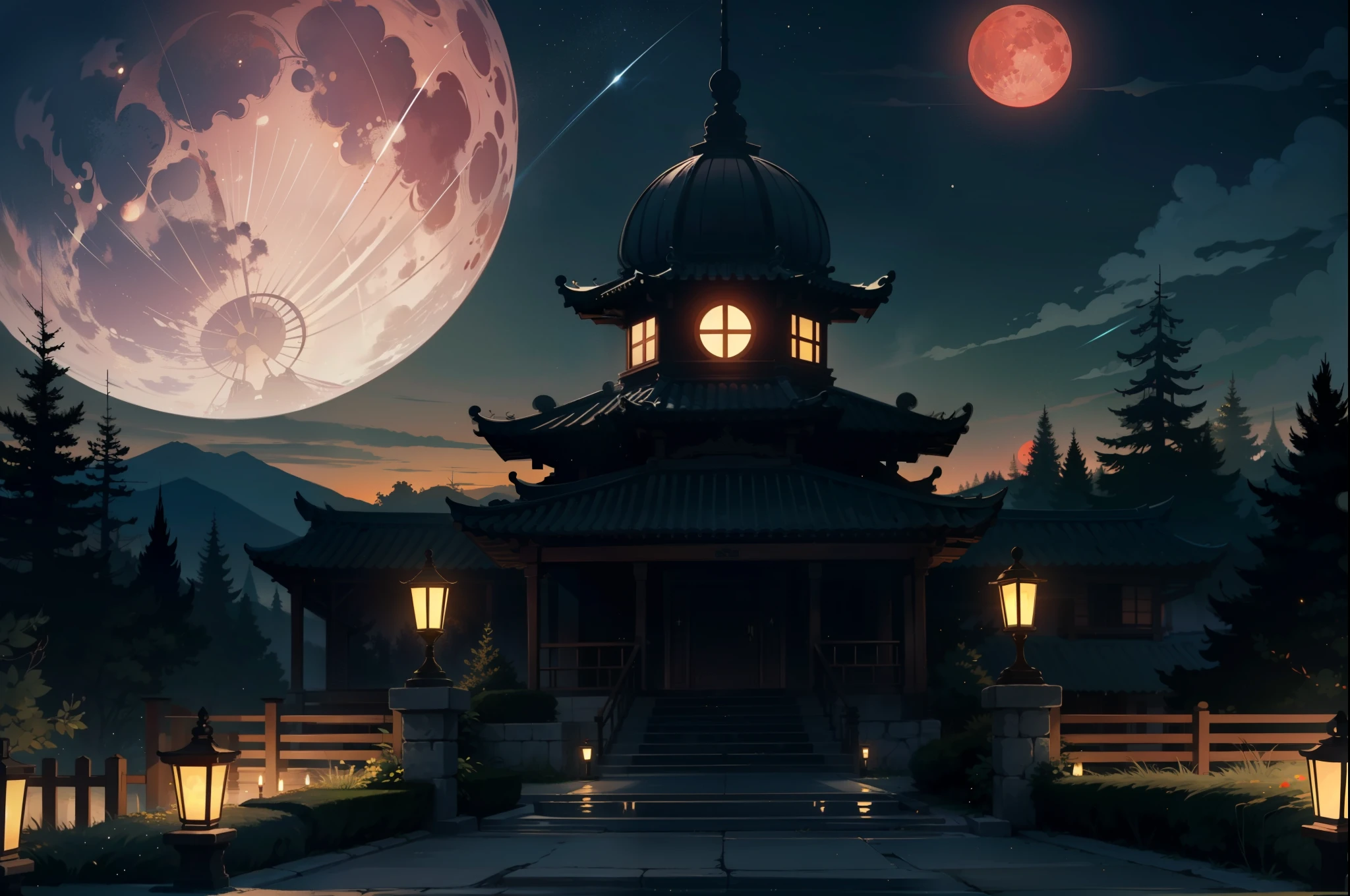epic quality, atmosphere, nature scenery, wuxia aesthetic, raytracing, smooth, (colorful), (detailed complex busy background: 0.8), fantasy flowers, (night:1.4), intricate details, beautiful glitters, flat illustration, time stop, (ultra-detailed), photon mapping, ((intricate detail)), cinematic lighting, volumetric lighting, (big red moon)