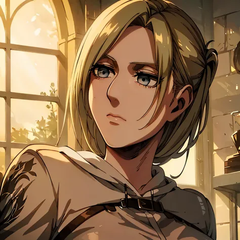 Annie Leonhart, a character from Attack on Titan, is the main focus of the artwork. Her eyes are beautifully detailed, and her lips are also beautifully detailed. Her face and eyes are extremely detailed, with long eyelashes. She is depicted with a strong and confident expression. 

The medium used to create this artwork is an illustration, with a realistic and photorealistic style. The artwork is of the best quality, with a resolution of 4k or 8k, ensuring ultra-detailed and sharp focus. The colors are vivid and the lighting is carefully crafted to create a visually appealing scene. The artwork showcases the human body in a tasteful manner, highlighting the beauty and elegance of the female form. 

In the background, there is a garden setting, featuring lush greenery and blooming flowers. The composition is balanced and visually pleasing, emphasizing the beauty of nature. The artwork captures Annie Leonhart as a strong and captivating character, with attention to detail and realism. 

She has big tits, her tits are masive, her breasts are large. Prominent chest, chest focus, NUDE BREASTS, PRESENTING BREASTS, SEXY TITS, FLASHING BREASTS, DISPLAYING BREASTS, SEXY BREASTS 