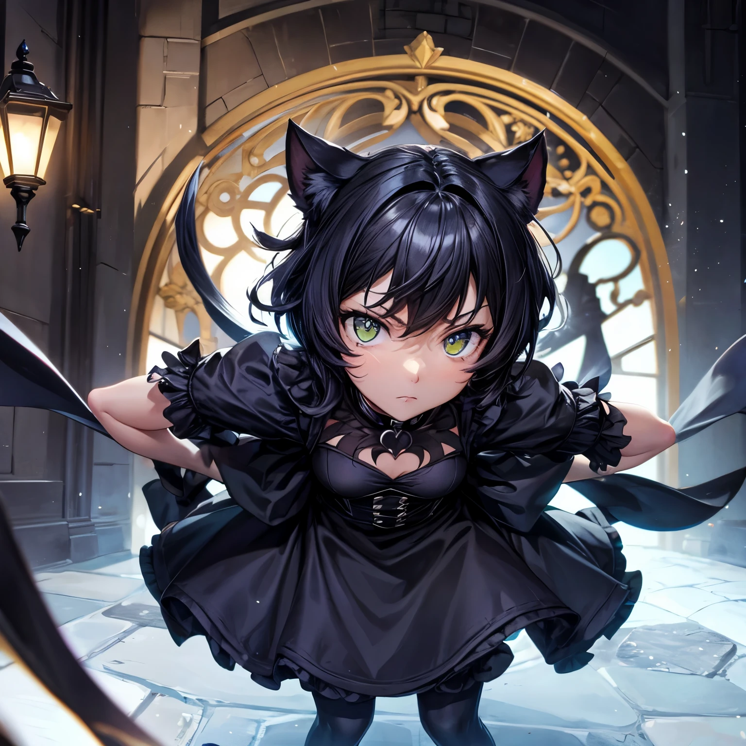 Anime girl in black cat outfit with large black horns and a black cape -  SeaArt AI