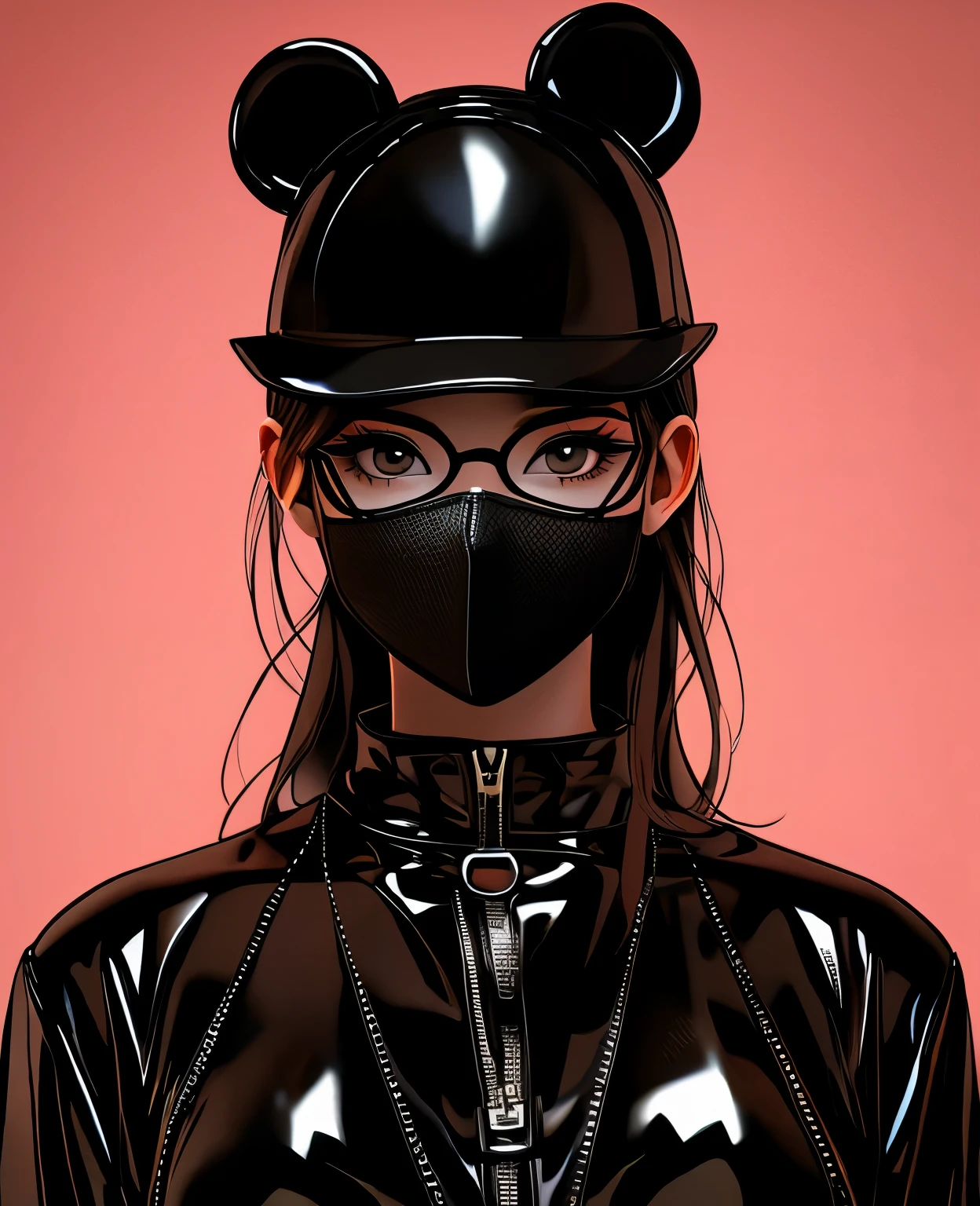 there is a woman wearing a black latex mask and a black rubber bear mask, black latex female balaclava, rubber and latex, rubber, rubber latex, inspired by Hedi Xandt, hard rubber chest, rubber suit, black latex sculpt, rubberhose style, latex domme, submissive, black rubber suit, latex, rubbery - looking body